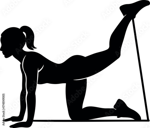 Vector silhouette of a woman doing donkey kick exercise with resistance band workout