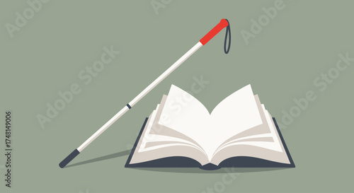 A white cane with a red handle rests next to an open book on a plain background.