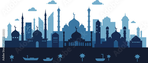 Blue silhouette panorama of an Arabian city skyline with modern buildings, traditional mosques, and minarets