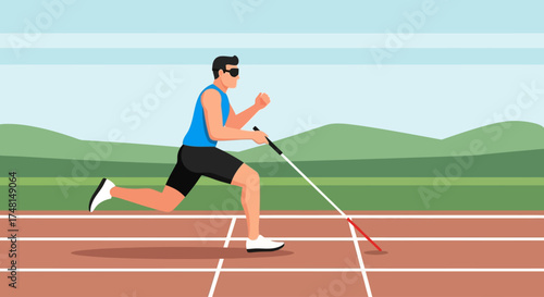 Visually impaired runner on track with cane, competing in sports.