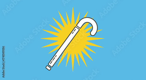 A white cane with a curved handle is depicted against a bright yellow sunburst on a light blue background.