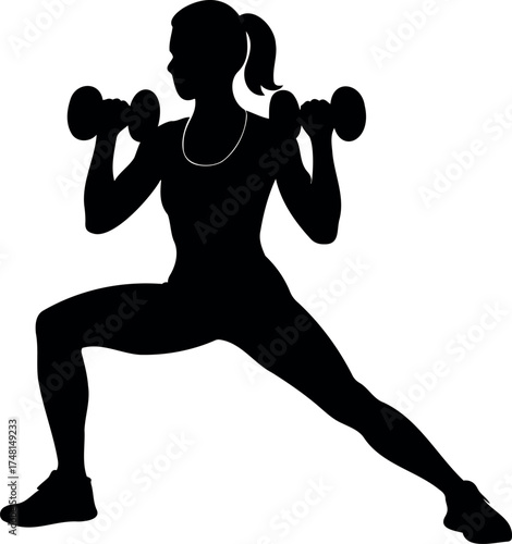 Vector silhouette of a woman in a lunge position lifting dumbbells during workout