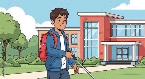 A young visually impaired boy with a white cane and red backpack walks on a path in front of a school building under a blue sky.