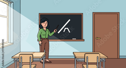 A female teacher with a pointer standing in front of a blackboard in an empty sunlit classroom.
