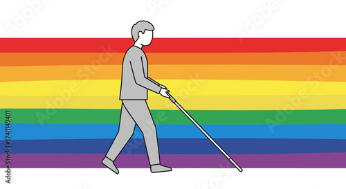 Illustration of a blind person with a cane walking in front of a rainbow background.