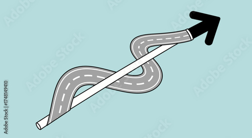 A winding grey road with dashed lines wrapped around a straight white arrow pointing upwards on a light blue background, symbolizing a complex journey.