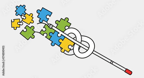 A conceptual illustration of a white cane for the visually impaired, tied in a knot with colorful jigsaw puzzle pieces.