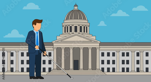 A visually impaired man in a business suit using a long white cane in front of a government capitol building.