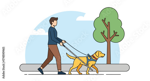 A person walks a guide dog on a leash along a sidewalk next to a tree.