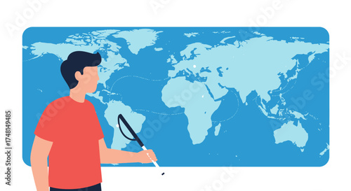 A person with a white cane points to a world map, symbolizing global accessibility and travel for the visually impaired.