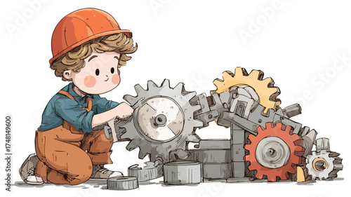 Young Engineer Child Cartoon Fixing Machinery Gears with Cuteness