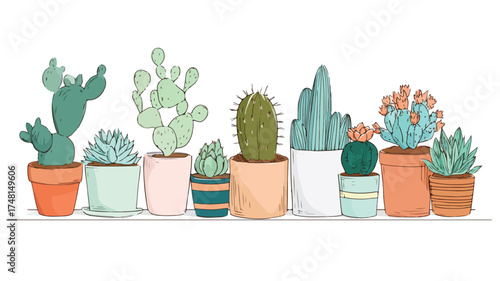 Stylish Succulents and Cacti in Decorative Pots - Home Plant Illustration