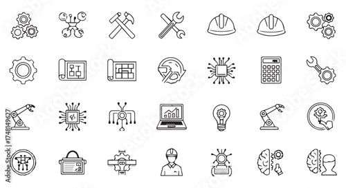 Collection of engineering and technology icons, including gears, tools, blueprints, computers, and robots, isolated on transparent background