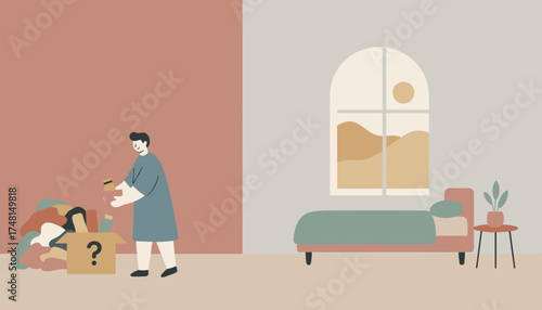 Man packing or decluttering personal items in a minimalist room symbolizing home organization