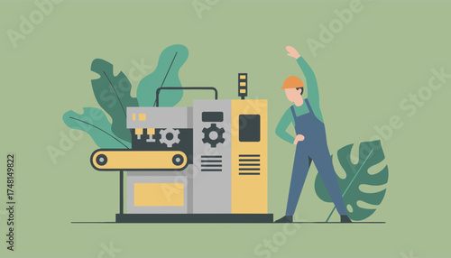 Industrial worker with a hard hat overseeing modern factory machinery and conveyor belt system