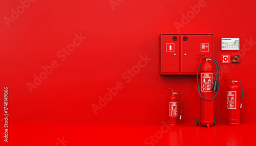 Fire safety equipment with extinguishers, hose cabinet, and evacuation plan on red wall - 3D rendering
