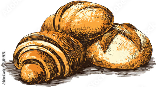 Delicious Bakery Goods: Bread Rolls, Pastries & Wheat Vector Illustration