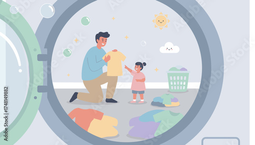 Smiling father and daughter doing laundry seen from inside a washing machine