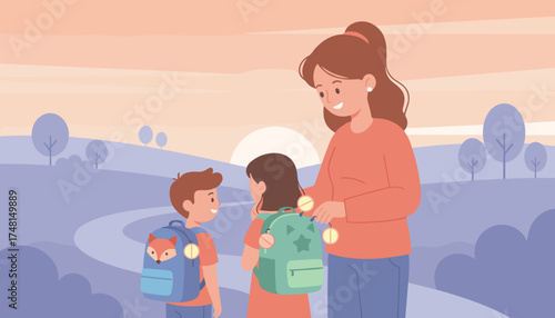 Caring mother prepares children with backpacks on a path embodying family education and growth