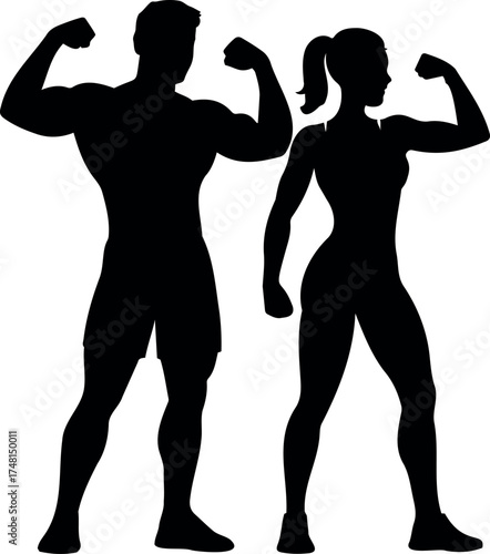 Vector silhouette of muscular man and woman flexing biceps in fitness pose standing