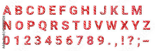 3D candy cane alphabet, numbers, and punctuation set on a transparent background. Ideal for holiday marketing, festive designs, and sweet-themed projects.