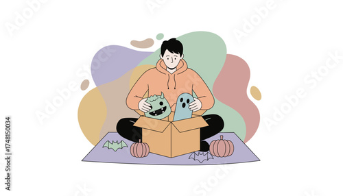 Young person unboxing fun Halloween monster ghost and pumpkin decorations Festive autumn