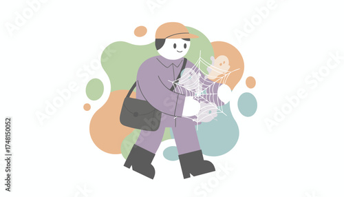 Friendly delivery person carrying a spiderweb with cute ghosts on an abstract background Halloween concept