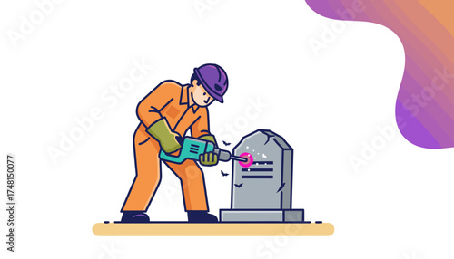 Concept illustration of worker drilling tombstone Revival innovation or breaking old ideas