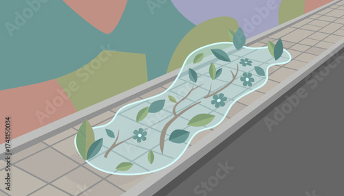 Stylized urban puddle on a sidewalk reflecting branches leaves and flowers nature in the city