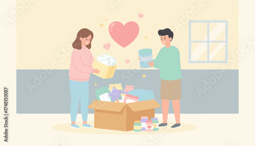 Happy couple sorts donations for charity showcasing generosity and community support