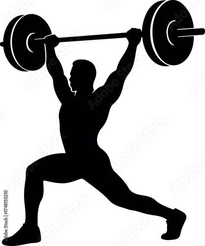 Vector silhouette of weightlifter performing a snatch with barbell overhead position