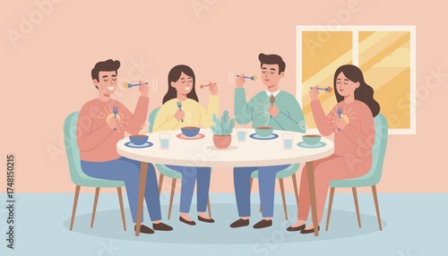 Four people happily enjoying a nutritious meal feeling energized and connected at the table