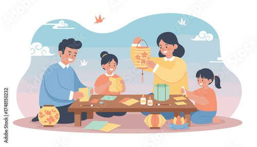 Joyful family crafts lanterns celebrating tradition and togetherness at home