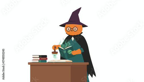 Pumpkinheaded wizard casting a spell with magic book and conjuring a ghost for Halloween fun