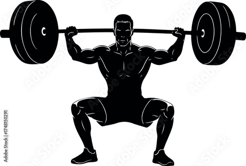 Vector silhouette of weightlifter squatting with barbell overhead in black color on  transparent background
