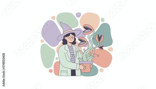 Whimsical illustration of a smiling witch holding a potted carnivorous plant Magic and science fusion