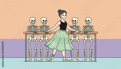 Halloween ballet class with a smiling dancer and her skeleton partners at the barre