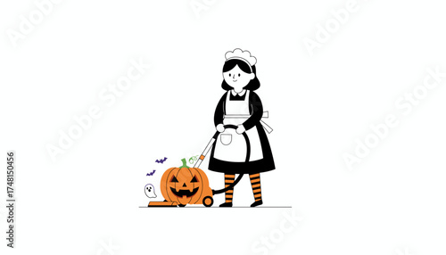Maid in uniform vacuuming a smiling Halloween pumpkin with ghosts and bats Festive holiday cleaning