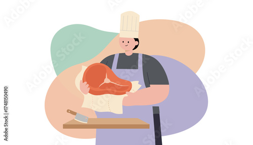 A chef in a hat and apron holds a fresh cut of raw beef ready for cooking or prep