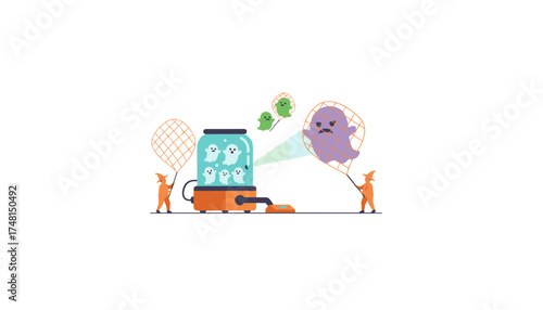 Ghost hunters capturing various colorful spirits with nets and a vacuum trap