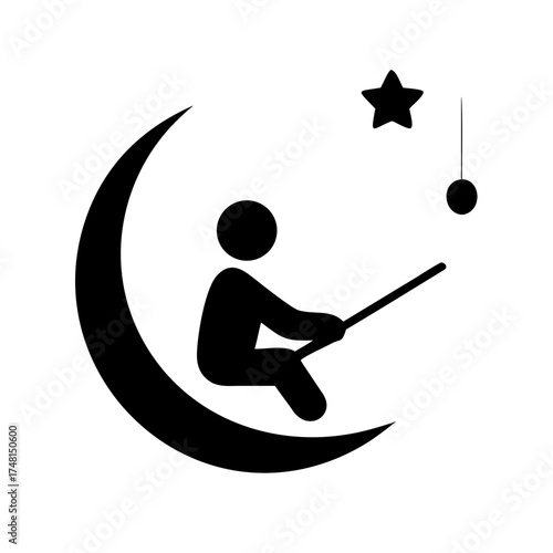 Silhouette of a person fishing for stars while sitting on a crescent moon
