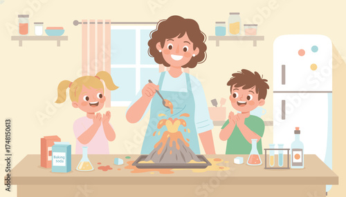 Family enjoying a fun educational science volcano experiment at home