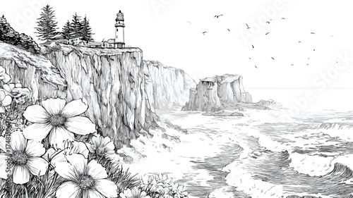 Majestic Coastal Landscape with Waterfall, Lighthouse, and Ocean Waves for Design Projects