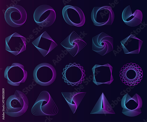 Abstract Neon Geometric Shapes Set With Purple And Blue Swirls For Digital Art And Design