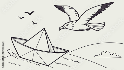 A Paper Boat Sailing with a Seagull Flying Overhead Nautical Illustration.