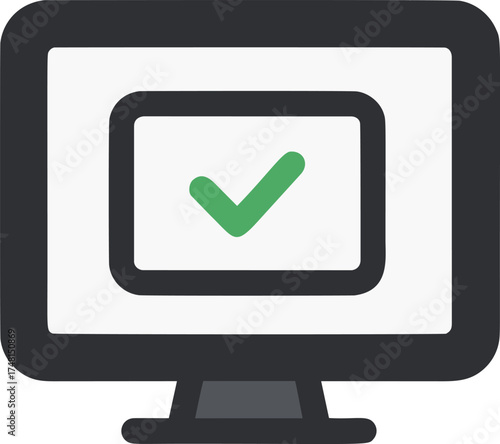 Computer monitor vector with green check mark symbol on screen — stock vector