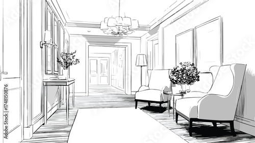 Luxurious Hallway Interior Design Sketch for Elegant Home Decor and Architecture Inspiration