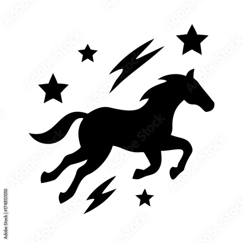 Silhouette of a black horse galloping among stars and lightning