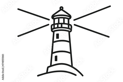 Black outline of a coastal lighthouse structure emitting light beams for navigation and safety