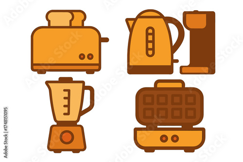 Set of essential kitchen appliances including toaster, electric kettle, blender, and waffle maker